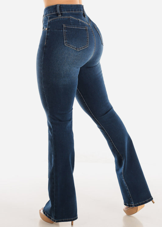 Classic One Button Butt Lifting Bootcut Jeans Dark Blue