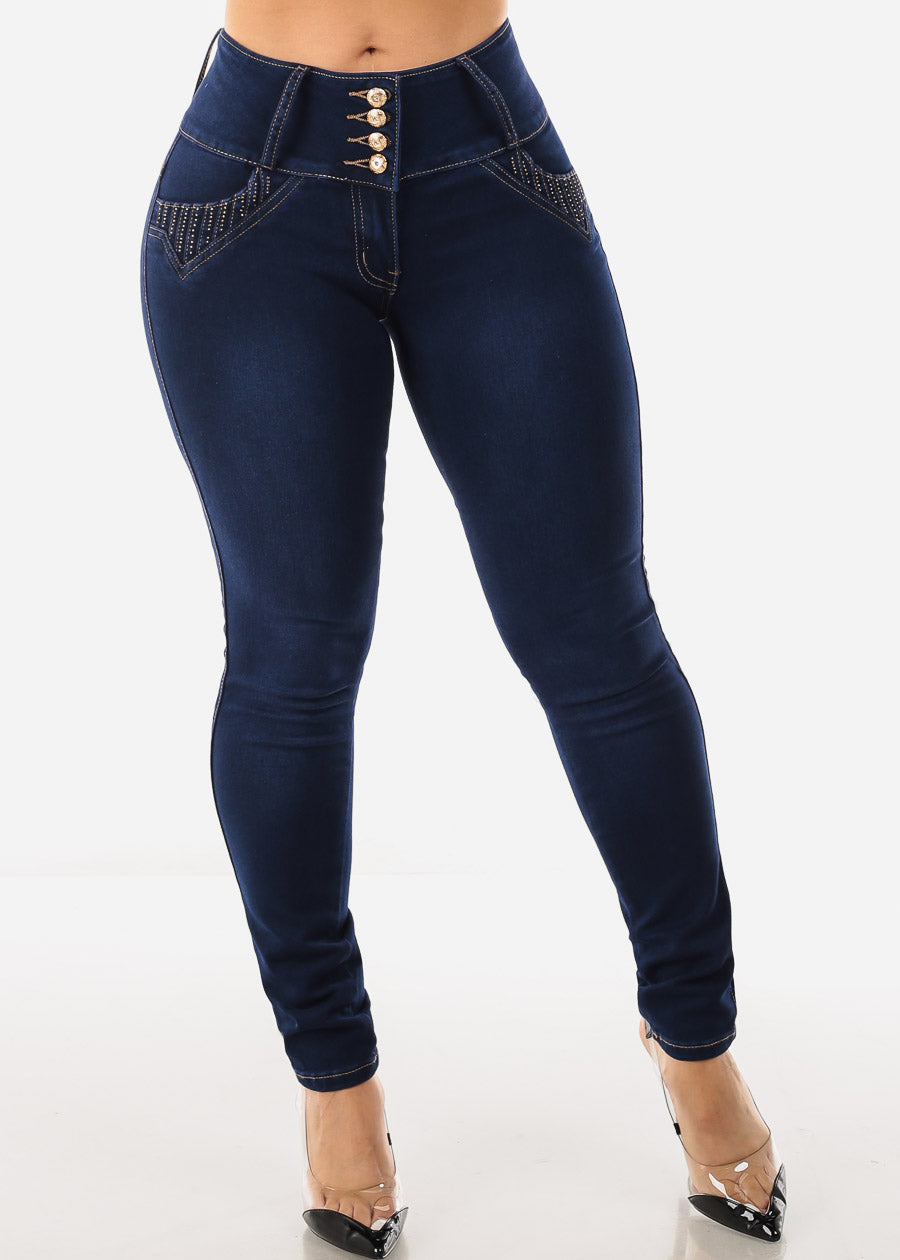 MX JEANS Butt Lifting Dark Blue Mid Rise Skinny Jeans