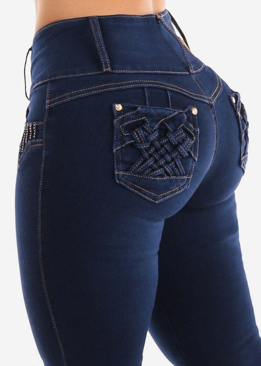 MX JEANS Butt Lifting Dark Blue Mid Rise Skinny Jeans