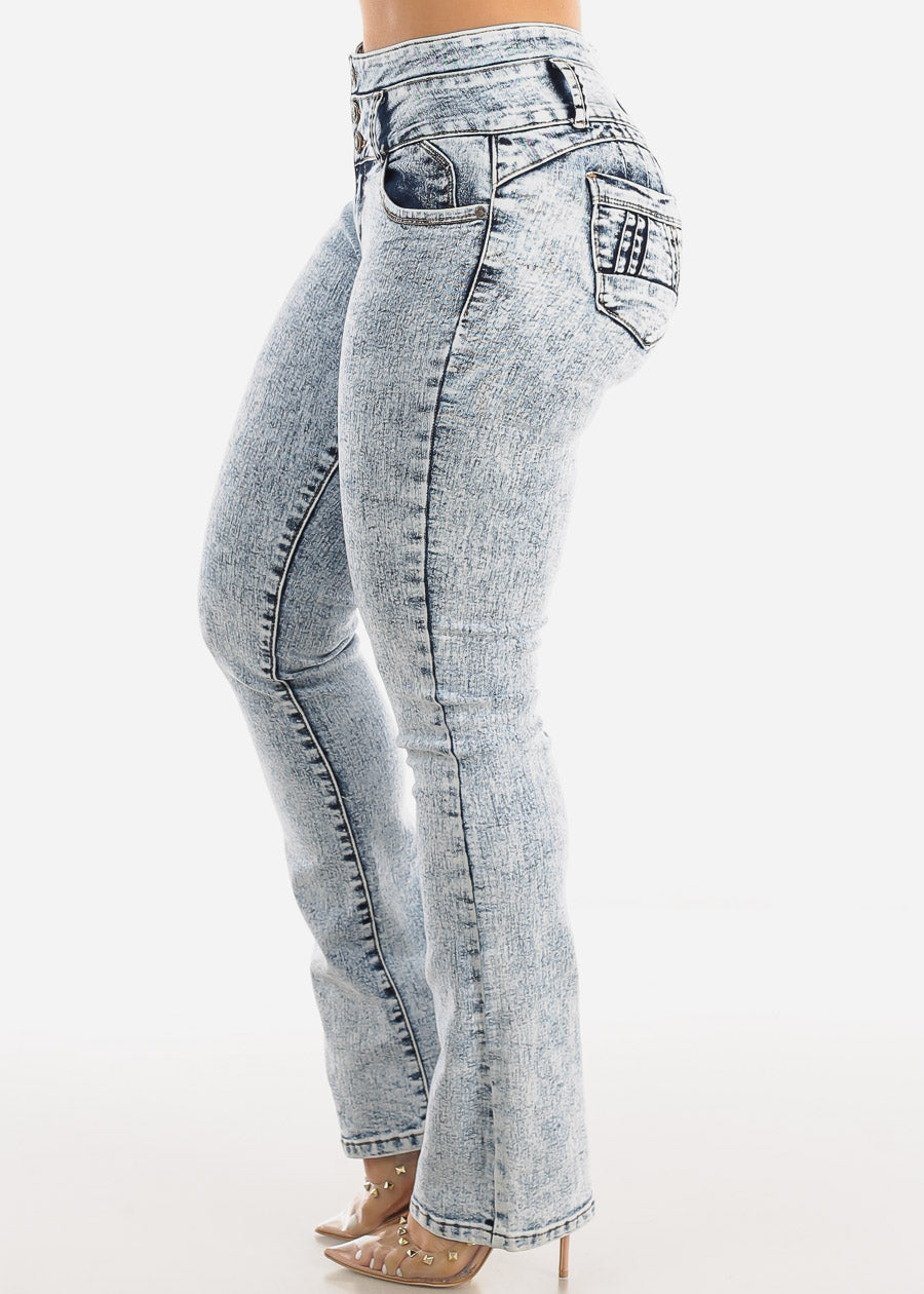 MX JEANS Acid Wash Butt Lifting Mid Rise Bootcut Jeans