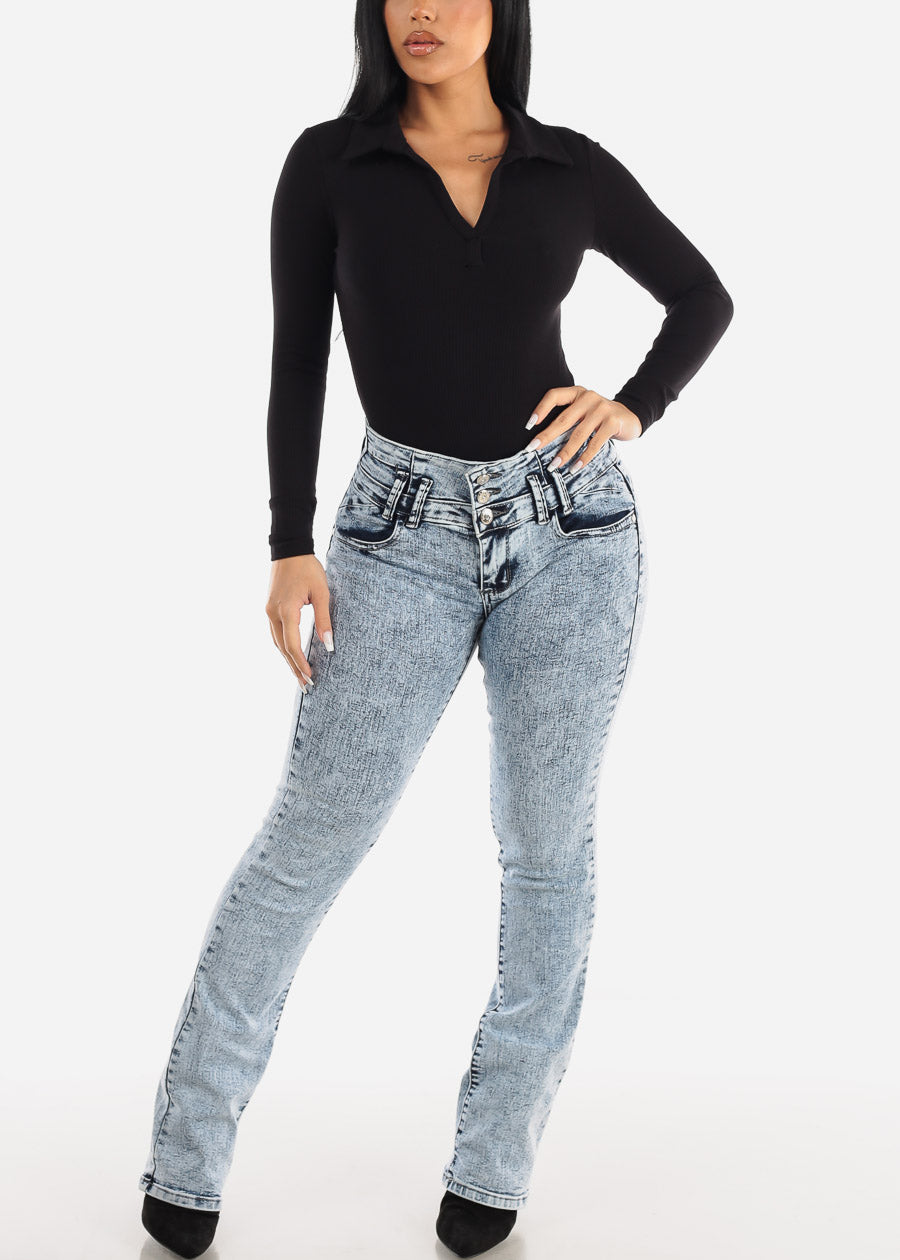 MX JEANS Butt Lifting Mid Rise Acid Wash Bootcut Jeans