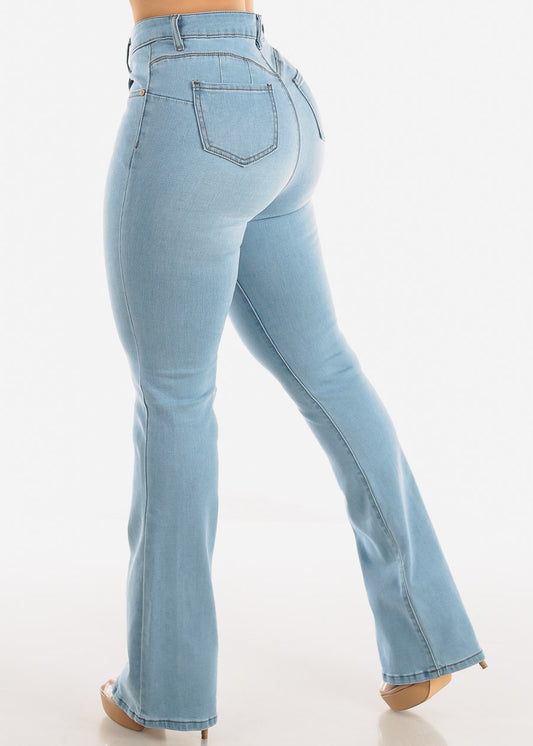 Classic One Button Butt Lifting Bootcut Jeans Light Blue