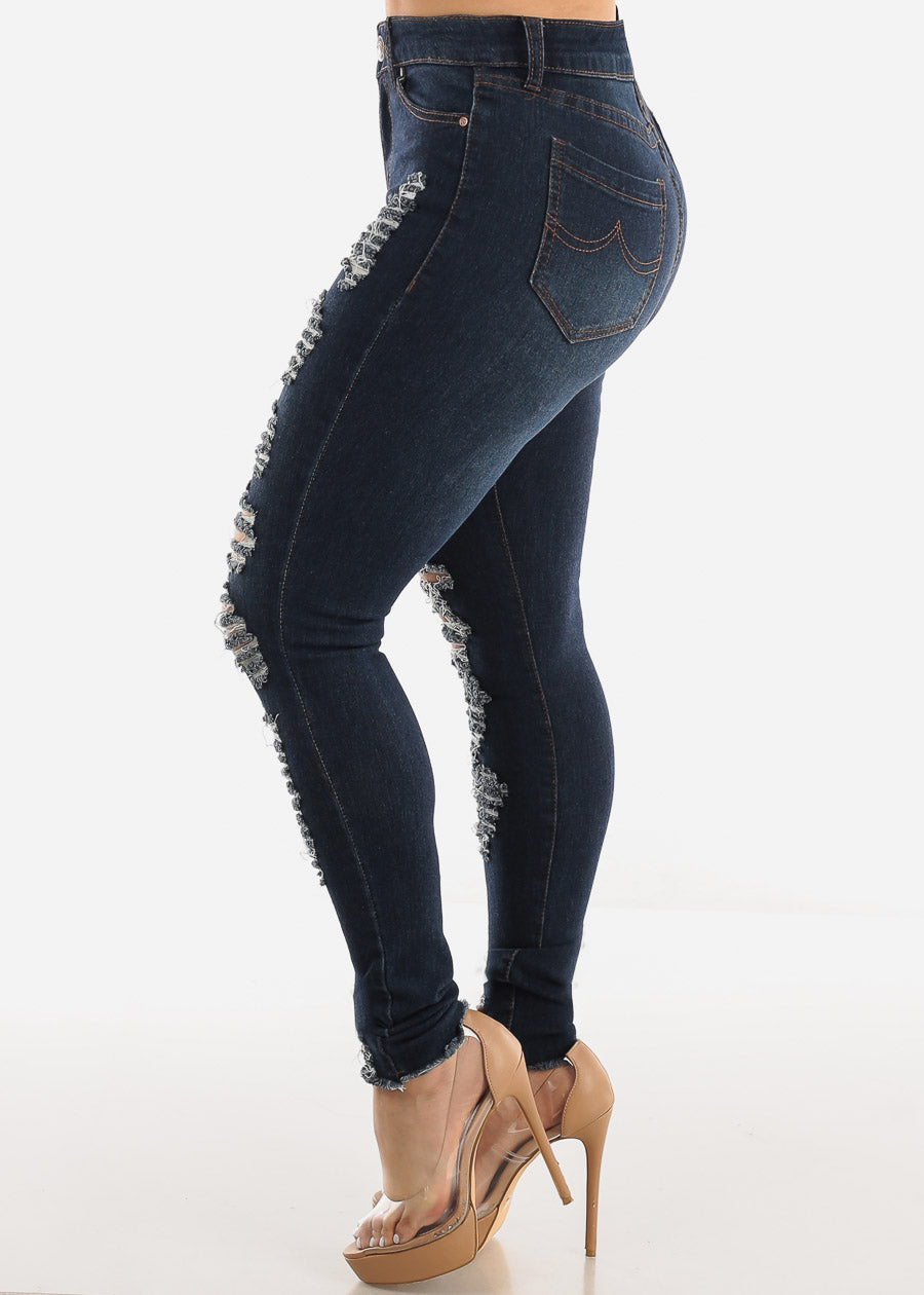 Stretchy Mid Rise Distressed Dark Blue Skinny Jeans