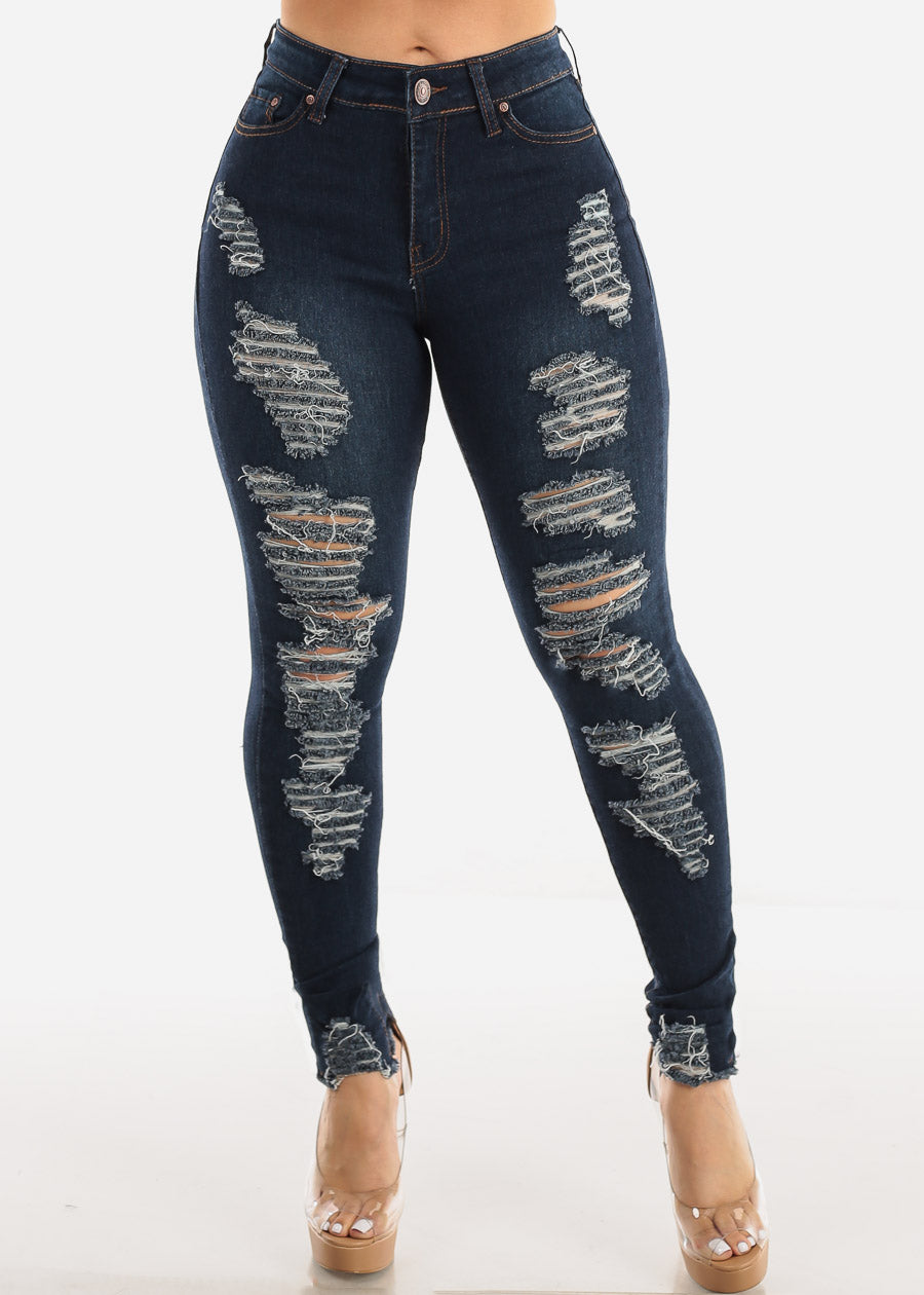 Stretchy Mid Rise Distressed Dark Blue Skinny Jeans