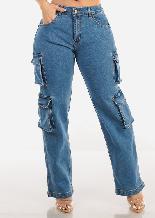 Med Blue Straight Wide Legged Cargo Jeans