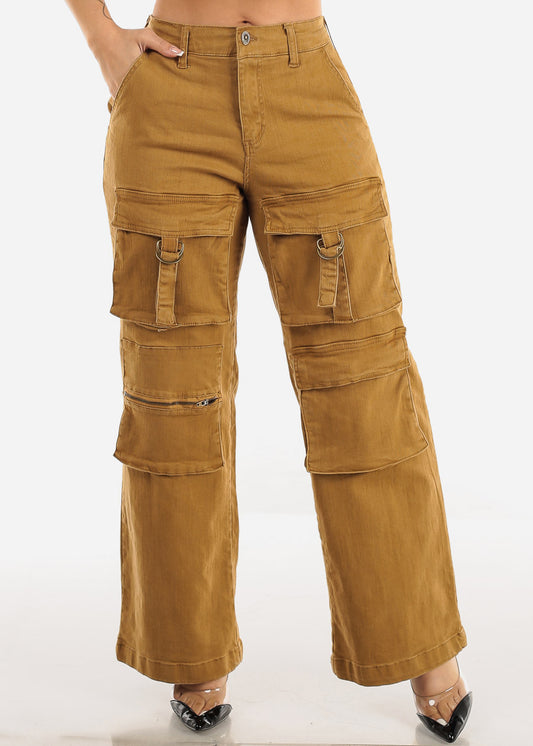 High Waist Wide Straight Leg Stretch Cargo Khaki Jeans 