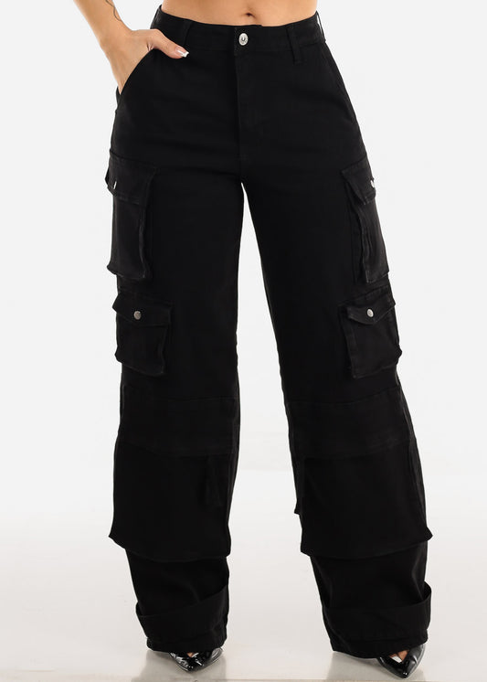 Black High Waist Wide Straight Leg Stretch Cargo Jeans