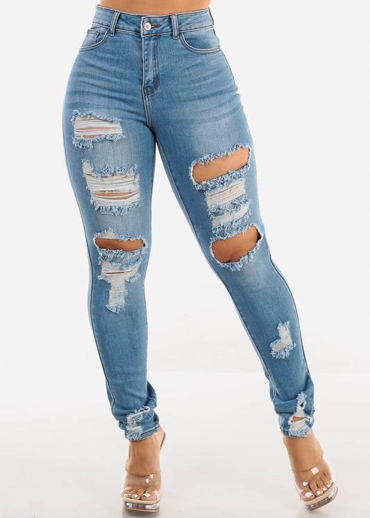 Super High Waist Distressed Skinny Jeans Light Blue