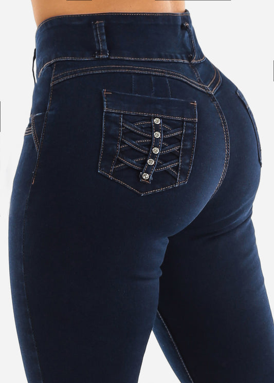 High Waist Butt Lifting Dark Blue Skinny Jeans