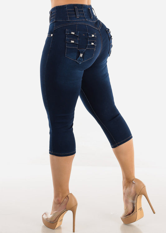 Butt Lifting Dark Denim Capris w Back Pocket Design