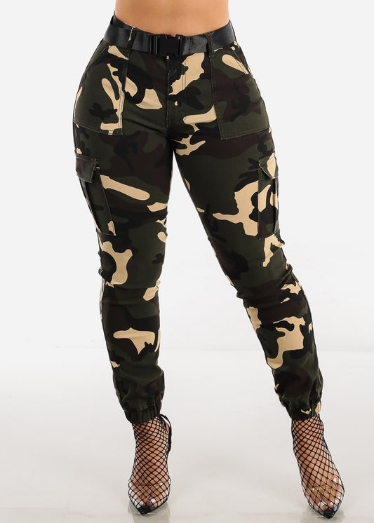 Camouflage Cargo Jogger Pants with Belt