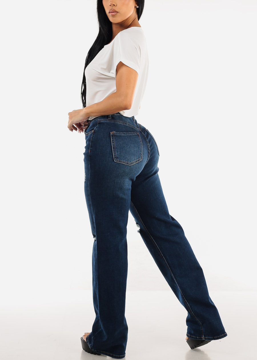 Ripped Butt Lift Wide Leg Straight Stretch Jeans Dark Blue