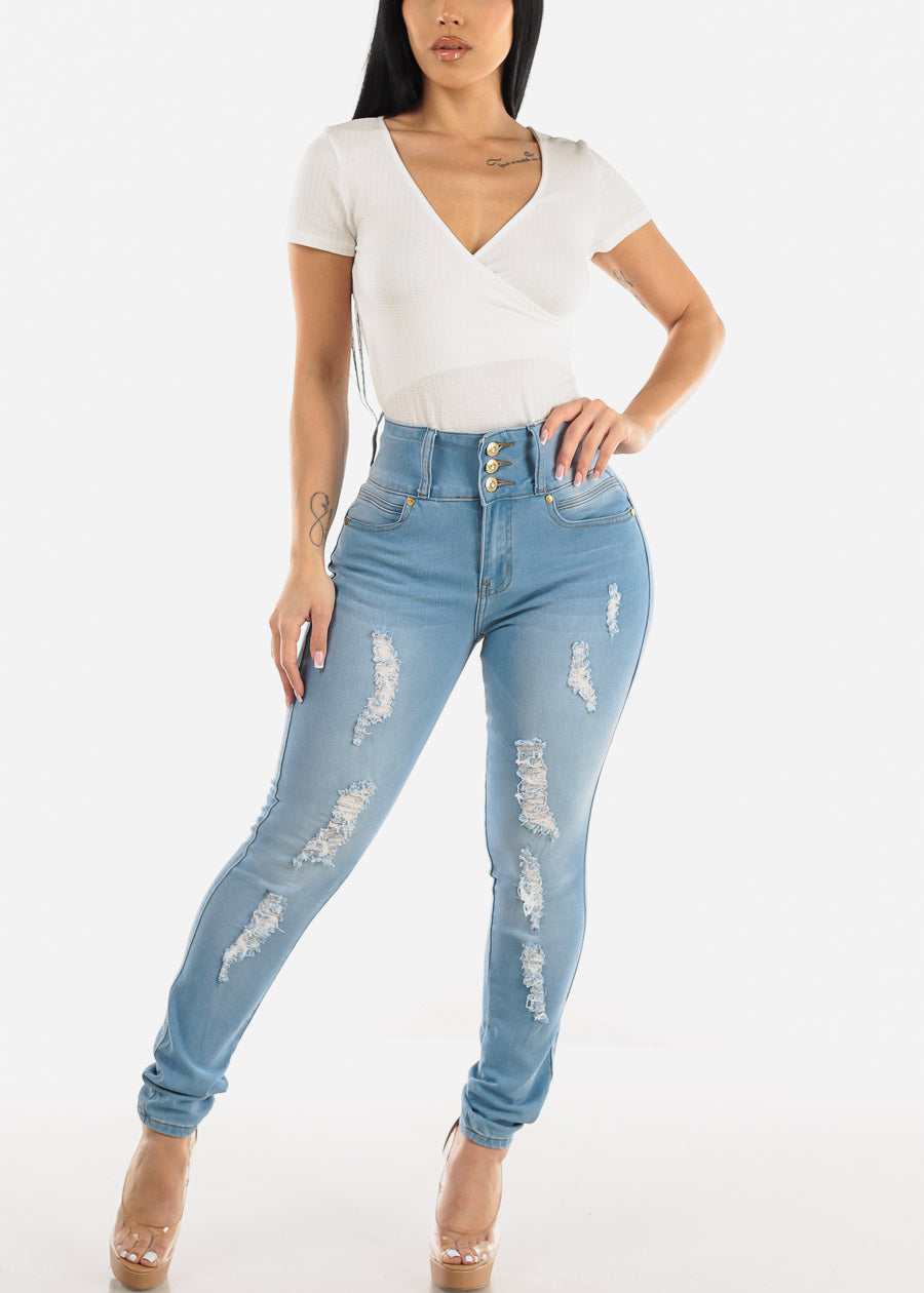 Light Wash Distressed Butt Lift Levantacola Skinny Jeans