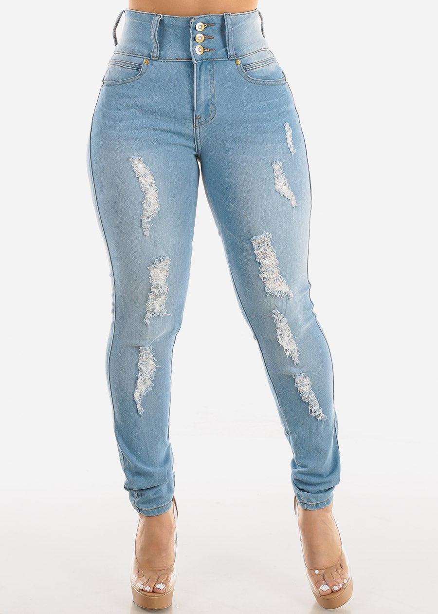 Light Wash Distressed Butt Lift Levantacola Skinny Jeans