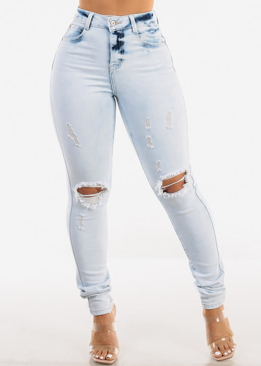 High Waist Distressed Skinny Jeans Acid Wash