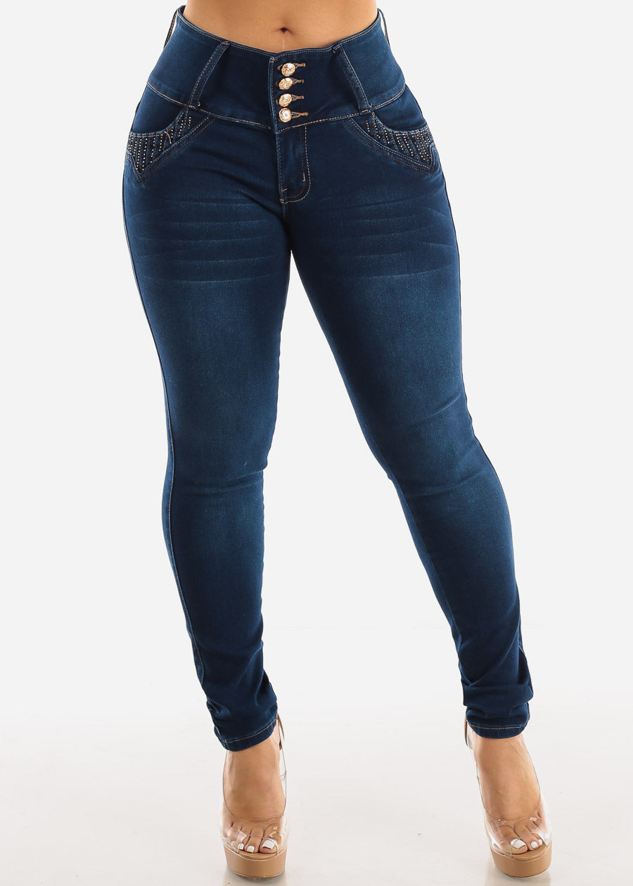 MX JEANS Butt Lifting Mid Rise Skinny Jeans Dark Wash