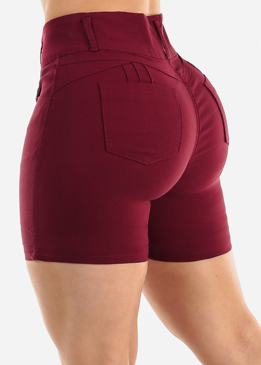 MX JEANS High Waist Hyper Stretch Butt Lifting Mid Thigh Shorts Burgundy