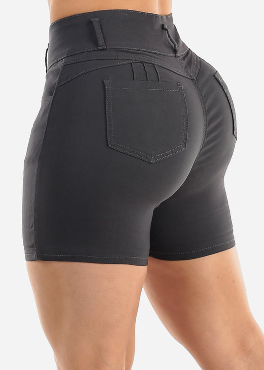 MX JEANS High Waist Hyper Stretch Butt Lifting Mid Thigh Shorts Grey