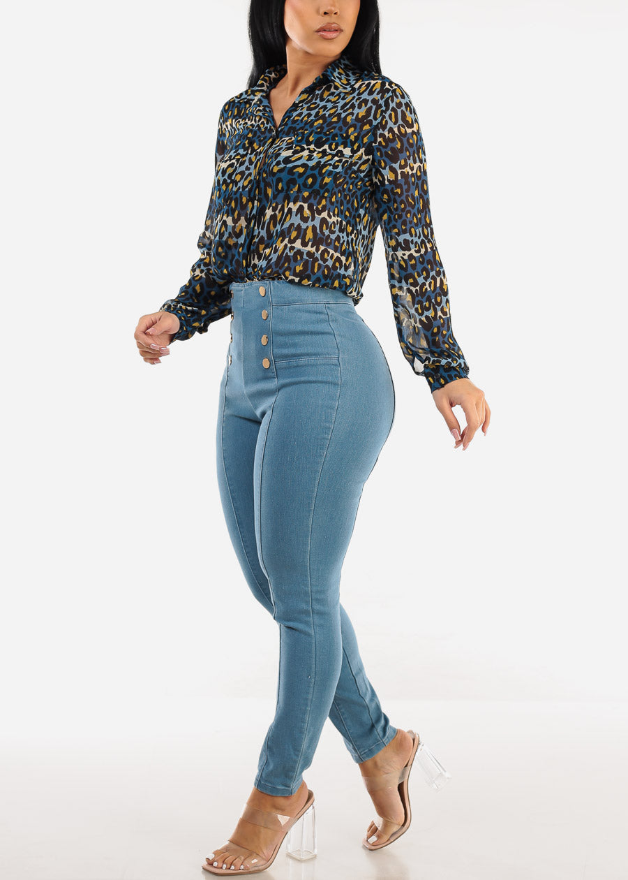 Super High Waist Denim Stretch Skinny Pants Med Blue