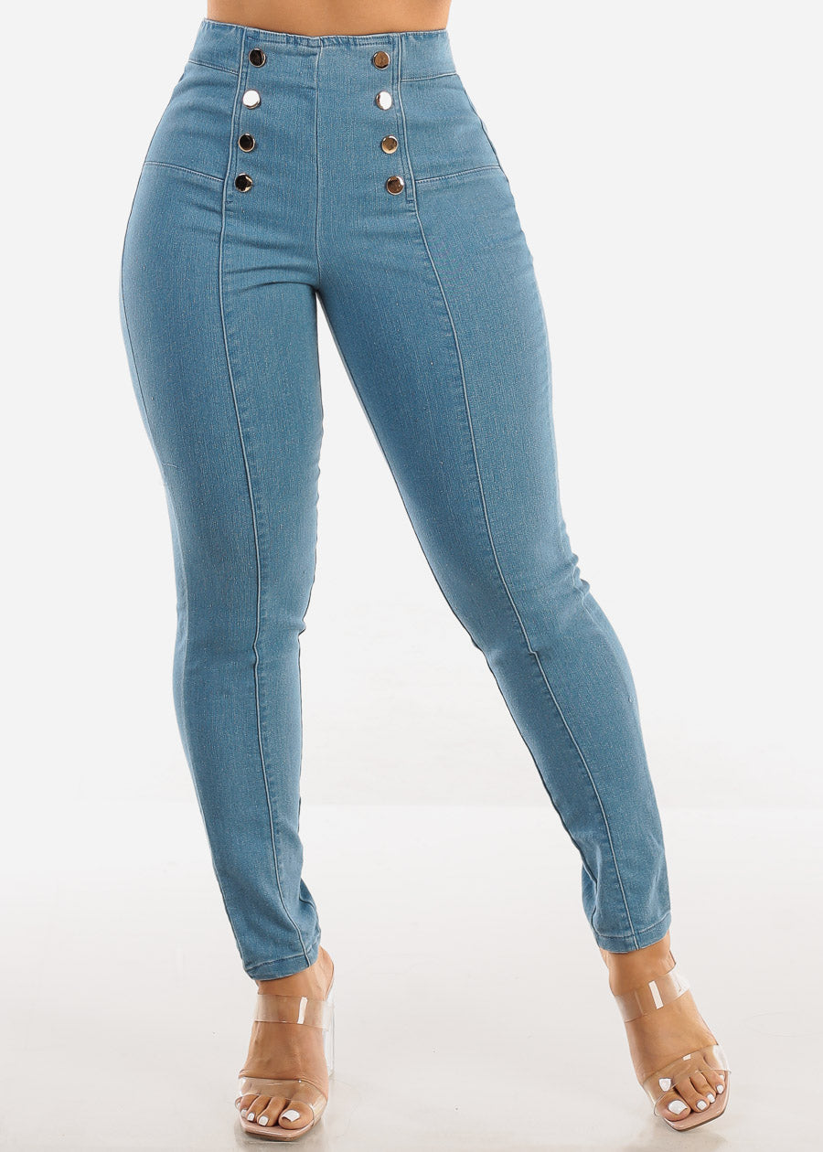 Super High Waist Denim Stretch Skinny Pants Med Blue