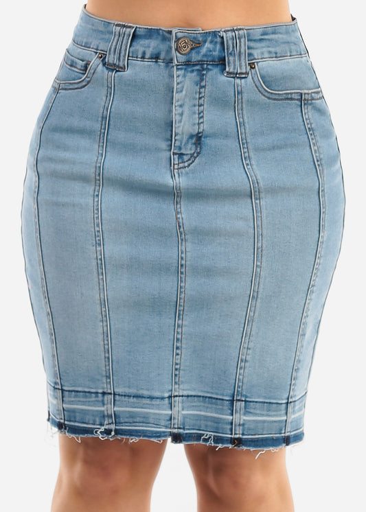 High Waisted Fringe Hem Denim Pencil Skirt Light Blue