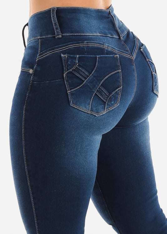 Dark Denim Mid Rise Butt Lifting Skinny Jeans