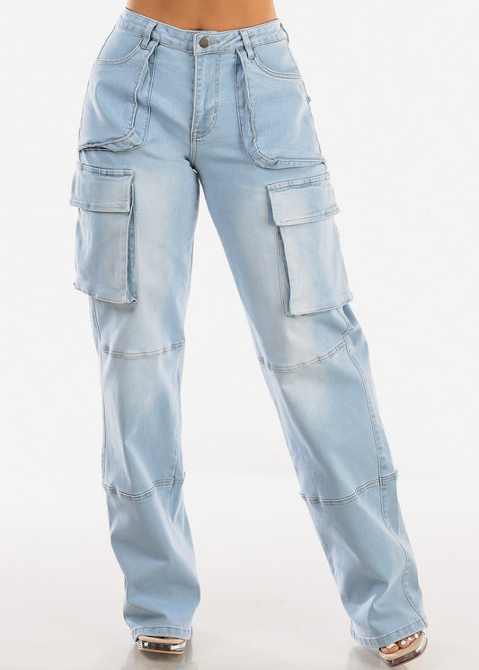 High Waist Straight Wide Leg Cargo Jeans Light Wash