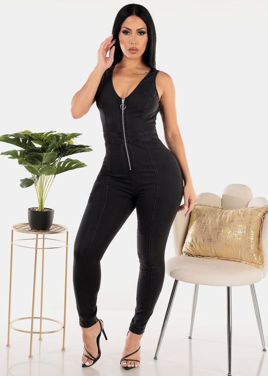 Sleeveless Zip Up Black Denim Jumpsuit