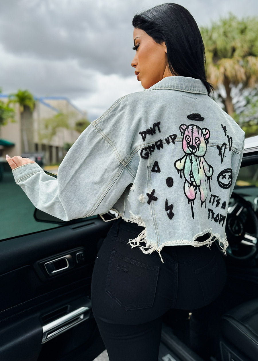 Graphic Cropped Light Denim Jacket 