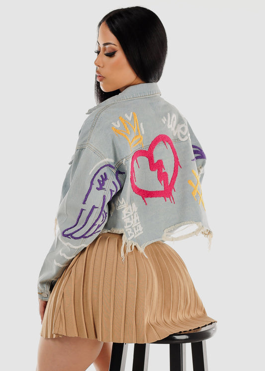 Blue Graphic Cropped Denim Jacket "Love"