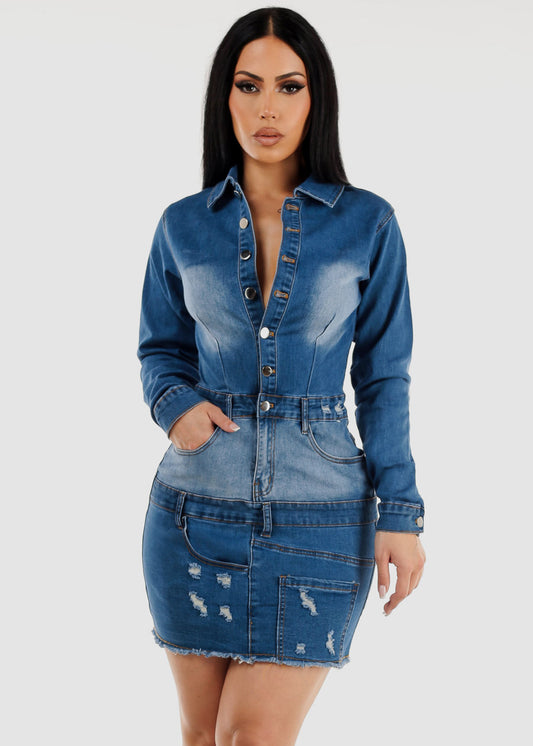 Long Sleeve Button Up Ripped Denim Mini Dress