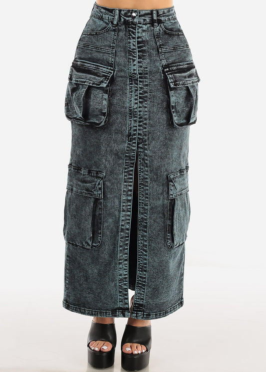 High Waist Cargo Denim Midi Skirt Acid Wash Blue