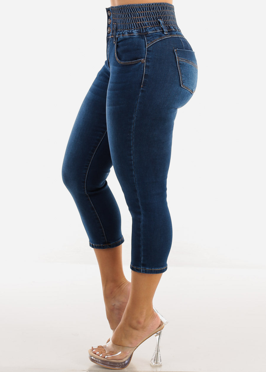 MX JEANS Stretchy High Rise Spandex Waist Dark Denim Capris