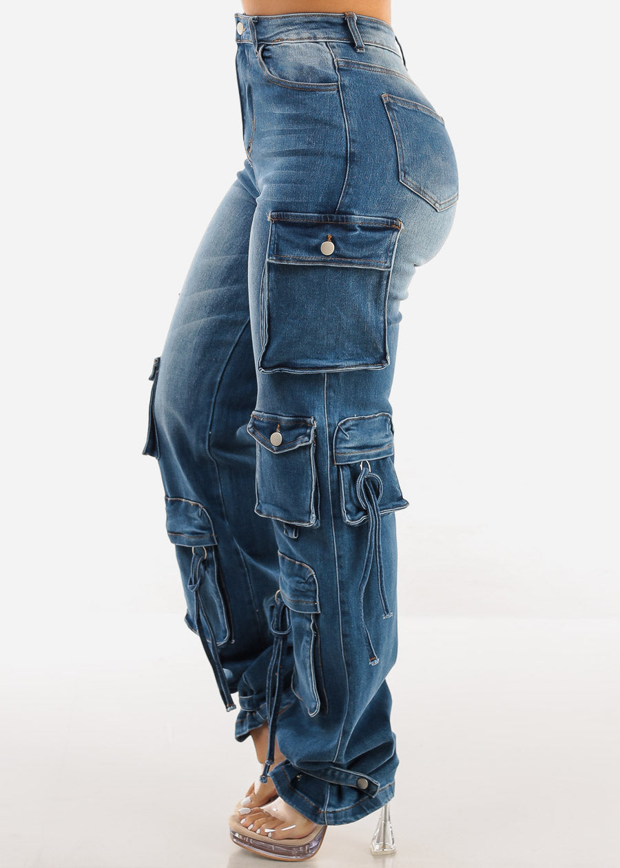 High Waisted Cargo Denim Jeans Med Wash