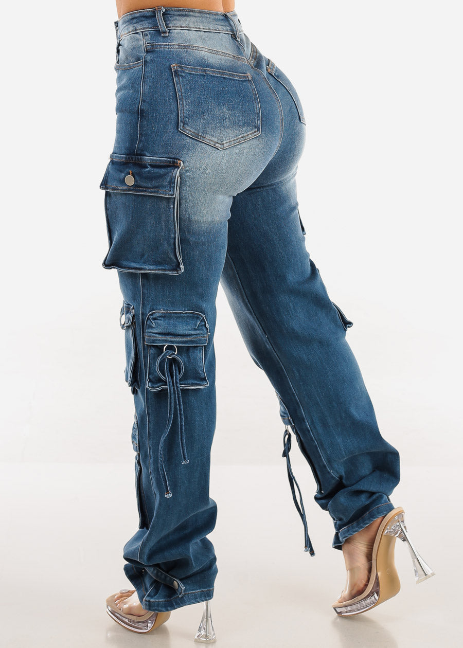 High Waisted Cargo Denim Jeans Med Wash