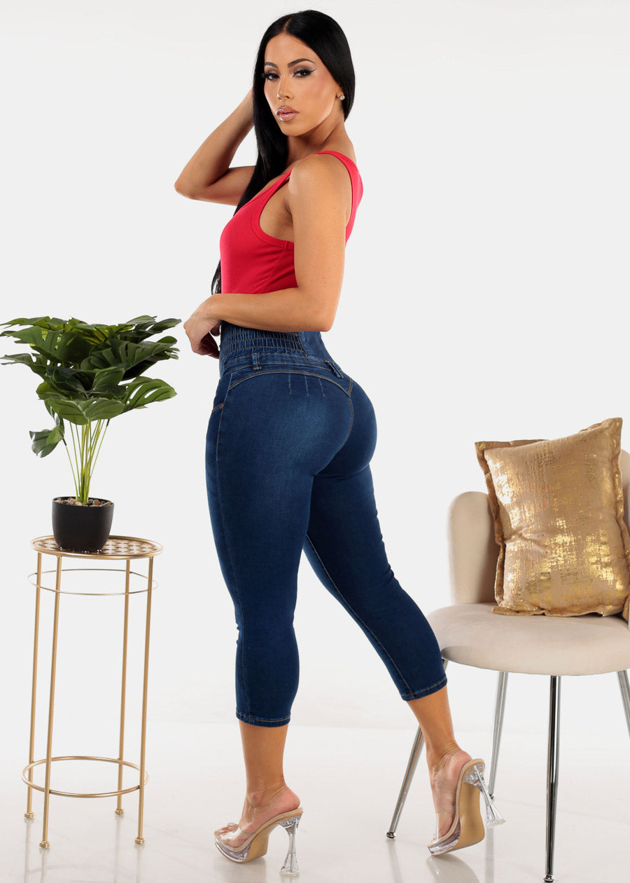 MX JEANS Super High Rise Spandex Waist Dark Denim Stretch Capris 