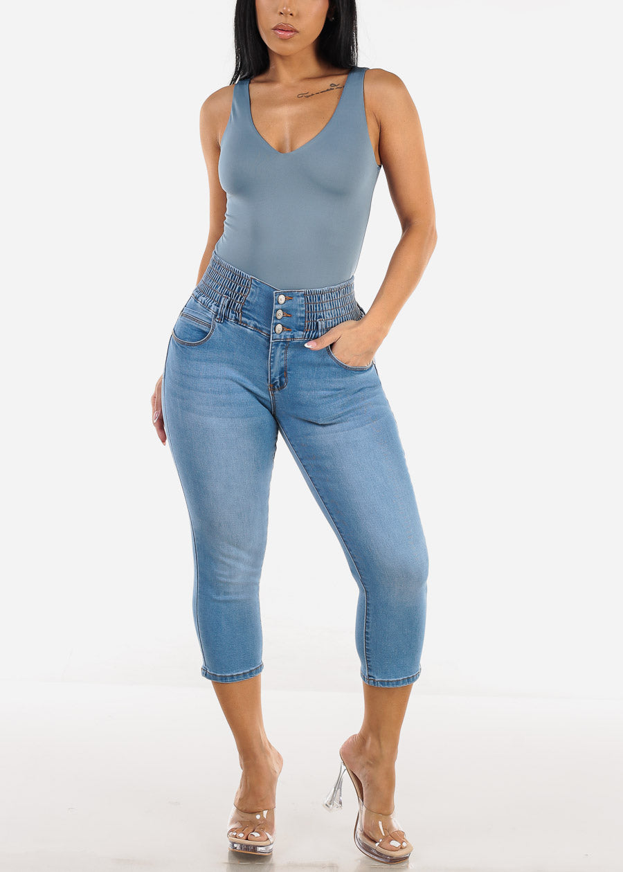 MX JEANS Stretchy High Rise Spandex Waist Light Denim Capris