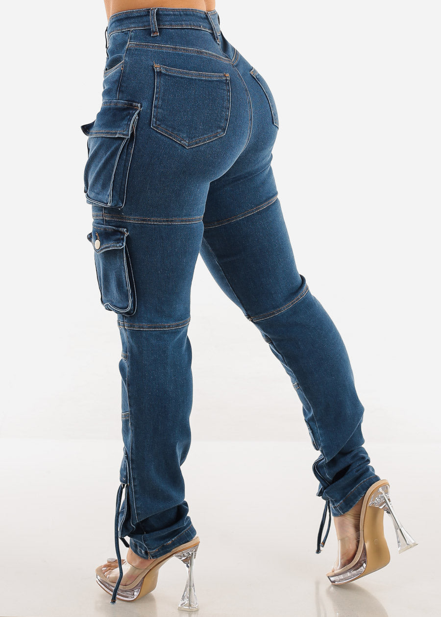 Super High Waist Med Wash Cargo Jeans