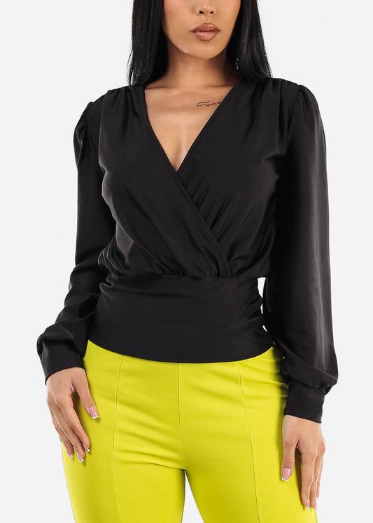 Black Long Sleeve Surplice Satin Blouse