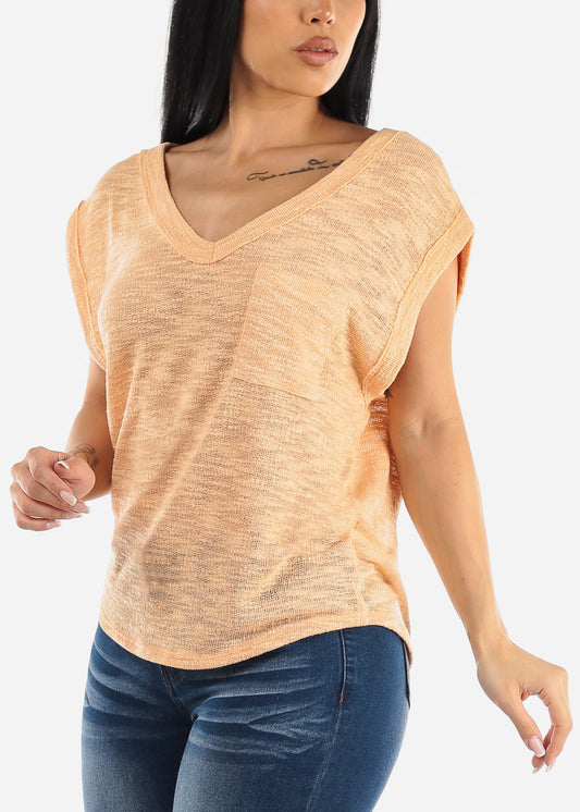 Short Sleeve Vneck Soft Knit Top Peach