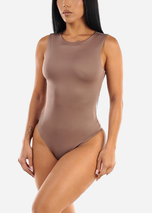 Sleeveless Crewneck Thong Bodysuit Brown