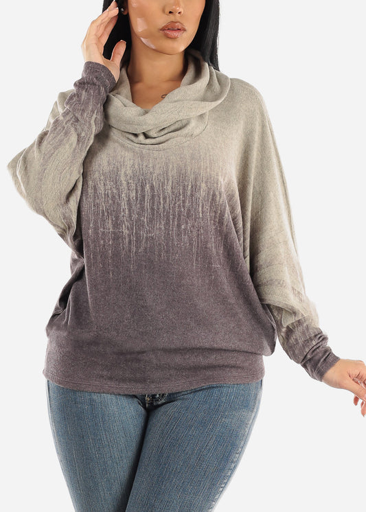 Soft Cowl Neck Long Dolman Sleeve Pullover Sweatshirt Grey