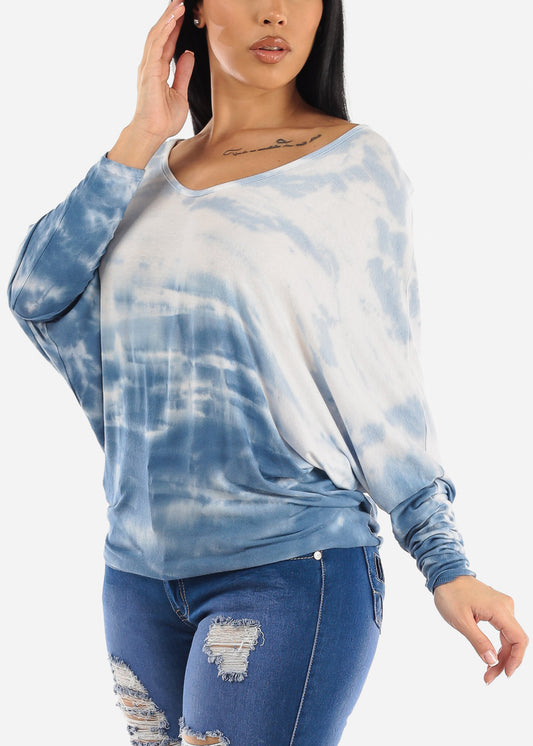 Tie Dye Long Sleeve Dolman Tunic Top Blue & White