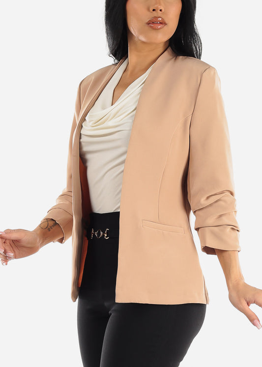 Ruched Quarter Sleeve Open Front Blazer Taupe