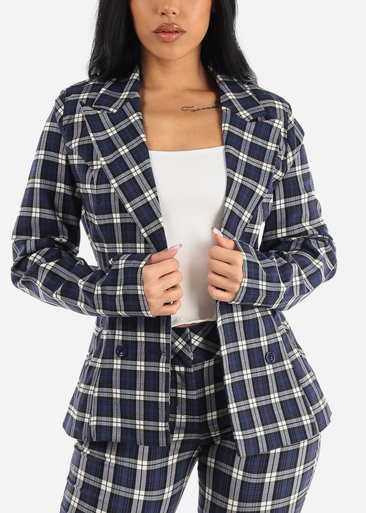 Formal Long Sleeve Plaid Blazer Navy