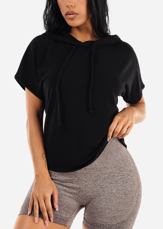 Black Short Sleeve Soft Stretch Hoodie 