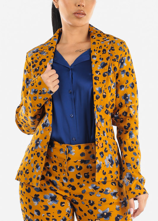 Print Long Sleeve Two Button Blazer Mustard