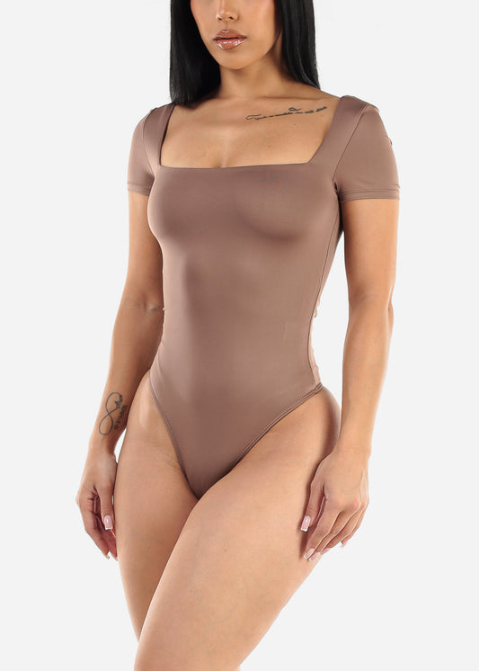 Short Sleeve Square Neck Thong Bodysuit Dark Brown