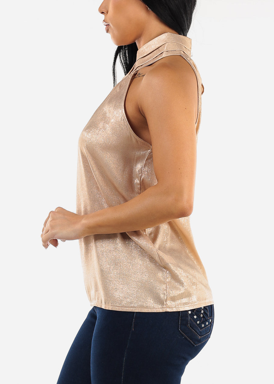 Sleeveless Halter Neck Shiny Blouse Beige