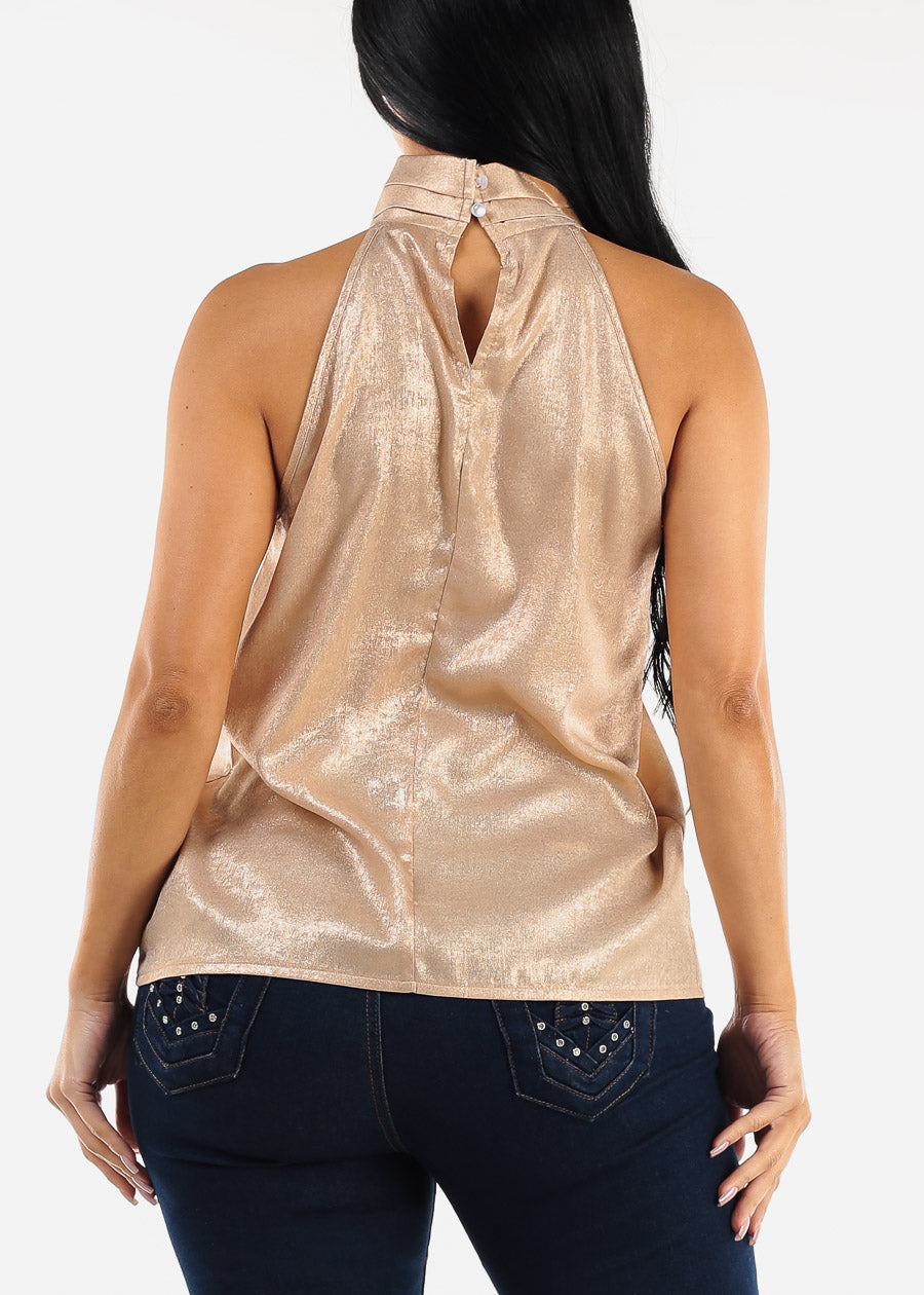 Sleeveless Halter Neck Shiny Blouse Beige